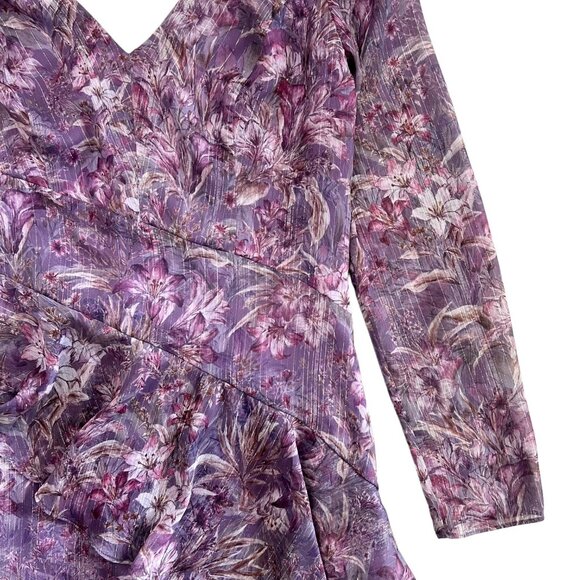 Marchesa Notte Floral Chiffon‎ Asymmetric Ruffle Maxi Dress 6 Purple Romantic - Picture 6 of 16